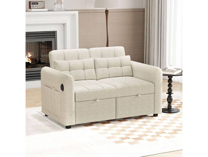 Canapé-lit 3 en 1 - MINIMAL - Convertible - Dossier réglable 120/160/180° - Ports USB & poches - Tissu lin-coton