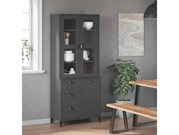 KTHLBRH Anrichte VIKEN Grau Anthrazit 80 x 40 x 190 cm Massives Kiefernholz, gehärtetes Glas, Griffe, großer Raum, Wohnzimmer