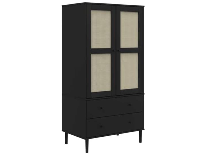 SENJA Schrank aus Polyrattan Kiefer Massivholz, Schwarz, 90x55x175 cm 2 Schubladen, 4 Fächer, UV-Lack, Boho-Stil, handgefertigt, Wandbefestigung