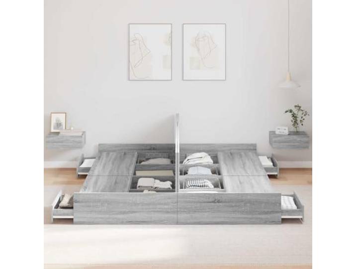 KTHLBRH Boxspringbett Grau Sonoma 200 x 200 cm Mehrschichtiges Holz, 4 Schubladen, max. 200 kg, funktionales Kopfteil, einfache Reinigung