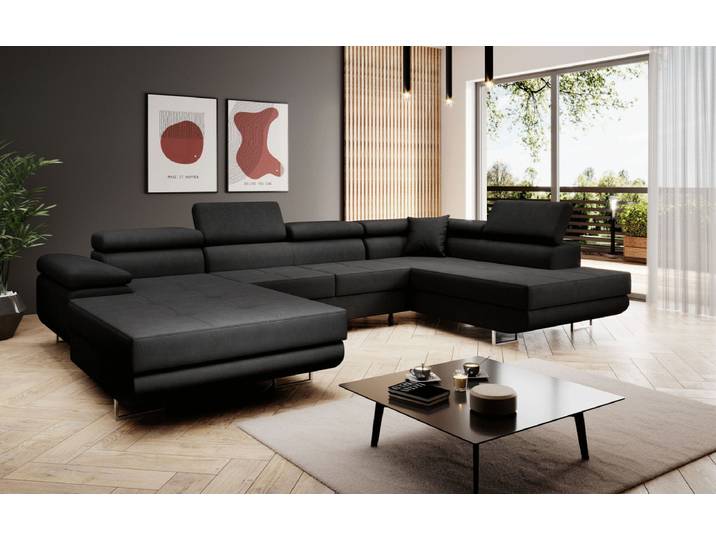 Designer Sofa Matera mit Schlaf- und Klappfunktion (Stoff) - Schwarz - Luxusbetten24