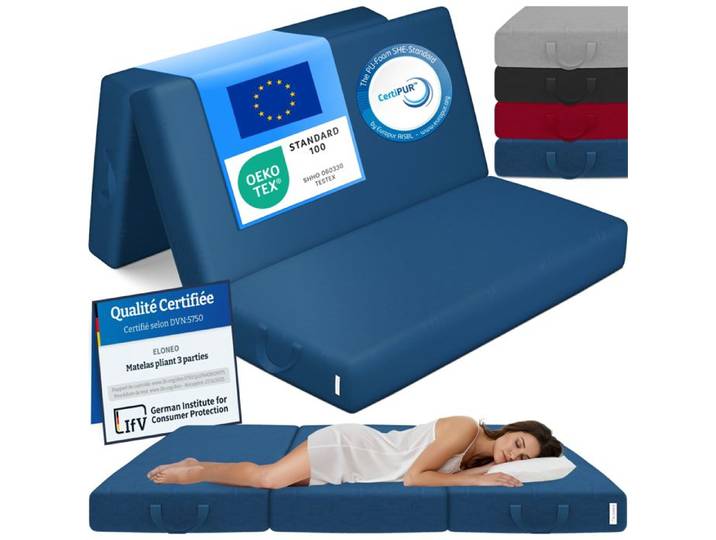 ELONEO Matelas Pliant 3 Parties Mousse Épaisse 15 cm Lavable Pour Adulte 160x195x15 cm bleu
