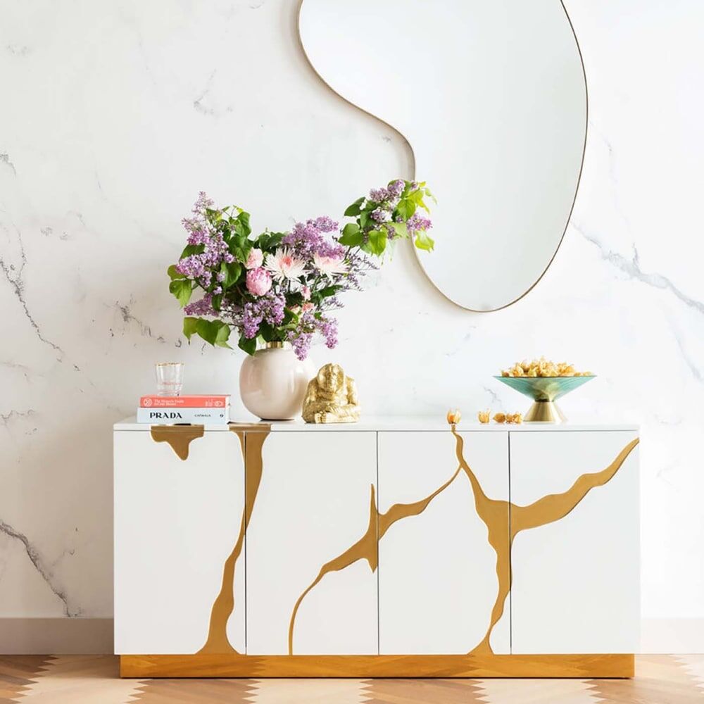 Kare Design Buffet 4 portes blanc et doré Blanc 165x80x46cm