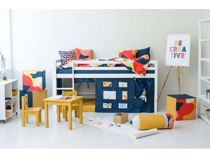 Hochbett HOPPEKIDS ECO Dream, Kinderbett, Spielbett, Halbhohes Bett aus Massivholz , blau (weiß, creator blau), B:101cm H:105cm L:208cm, Kinderbett: 100% Massivholz: Nordische Kiefer, Vorhang: 100% Baumwolle, Matratzenbezug 100% Baumwolle, Matratze: Schaum, Hochbetten, Hochbett, inkl. Vorhang-Set Creator, Bettgrösse & Matratze wählbar