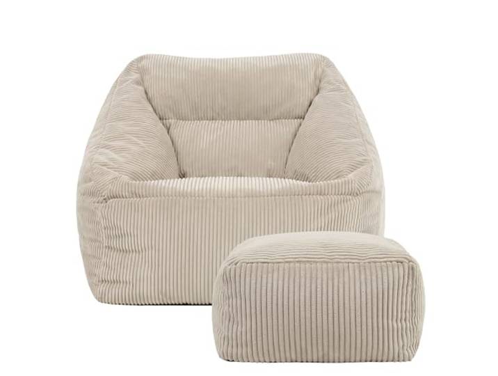 Icon Natalia Sitzsack Sessel und Hocker mit Füllung, Beige In Deutschland Hergestellt, Sitzsack Erwachsene, Flauschiger Cord Stoff, Riesen Sitzsack Cord für Wohnzimmer und Schlafzimmer