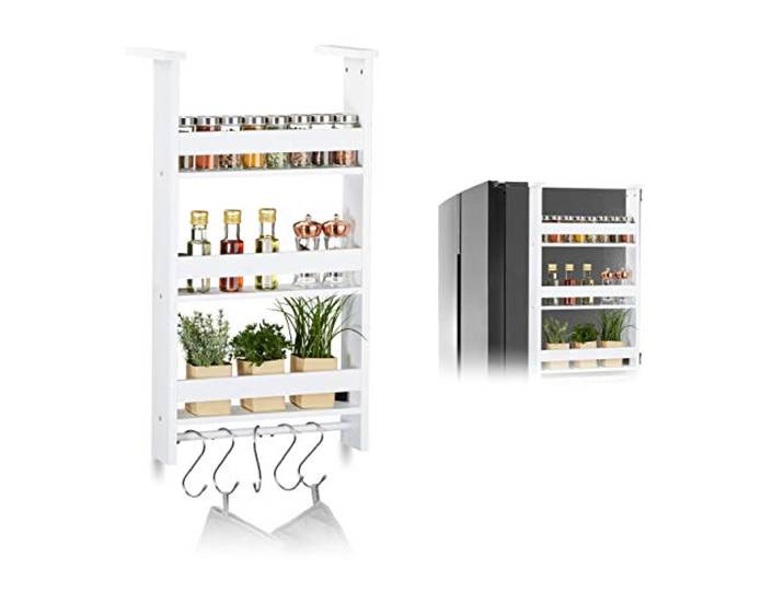 Relaxdays Étagère suspendue pour frigo\, Rangement d’épices\, avec barre & 5 crochets\, MDF\, HLP: 74x42x20 cm\, blanc
