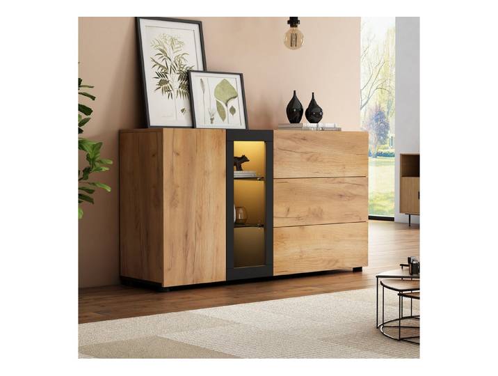 Fine Life Pro Sideboard Sideboard, moderne Anrichte, 3 Schubladen + Glas-Akzent, Breite 140 cm, Buffet- & Konsolenschrank für Wohn- & Esszimmer, stilvoll & vielseitig