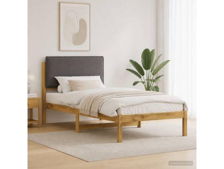 Bettgestell aus massivem Akazienholz mit gepolstertem Kopfteil Weiß gewaschen und hellgrau, Stoff 100% Polyester Leinenoptik, gepolstertes Kopfteil, waschbarer Bezug