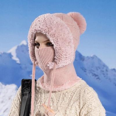 Uplift Essentials Integrated Velvet Knitted Balaclava Thermal Ear Protection And Hooded Mask pink