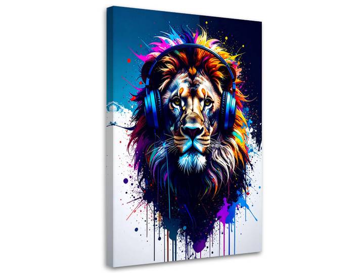 Feeby Leinwandbild DJ Löwe mit Kopfhörern Musik Bunt 70x100cm, Mehrfarbig, Tiere, Rechteckig, 70x100 cm, Bilder & Rahmen, Bilder, Leinwandbilder
