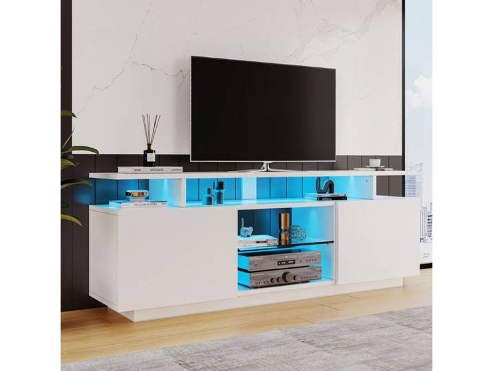 Meuble TV blanc avec LED contrôlée par application 2 portes brillant 5 niches ouvertes 140x35x55 cm