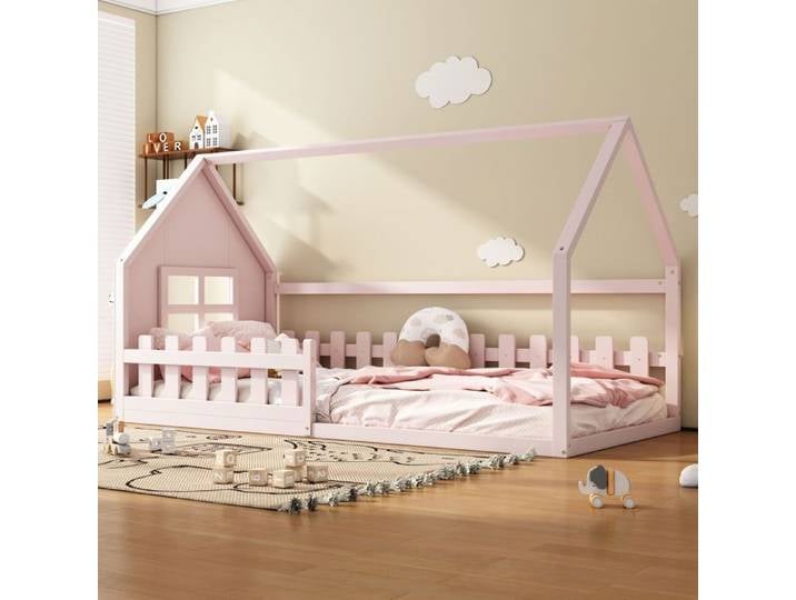 Lit Cabane Enfant - SOGEU - Lit Cabane Design Maison - 90x200 cm - Pin massif & MDF - Rose