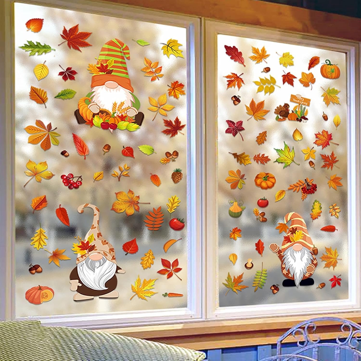 Herfst Raamstickers met Bladeren en Gnomes - 6 Vellen - Multicolour - Herbruikbaar