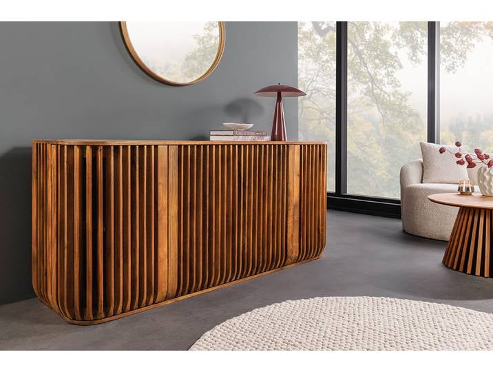 Massives Sideboard SCULPTURA 170cm braun Mangoholz mit abgerundeter Lamellenfront Modern & Design