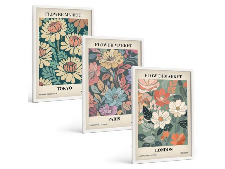 BILDER SET 3er Set - 40x60 cm Weißer Rahmen - Blumenposter Tokio Paris London