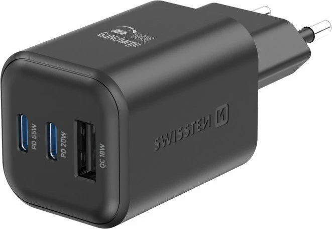 Swissten Netzgerät GaN 2x USB-C 65 W PD + 1x USB-A 18 W QC schwarz
