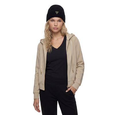 Beanie GUESS "NOELLE II KNITTED BEANIE", Damen, Gr. S, schwarz, Strick, Materialmix, unifarben, Mützen Beanie, mit Logo auf dem Umschlag