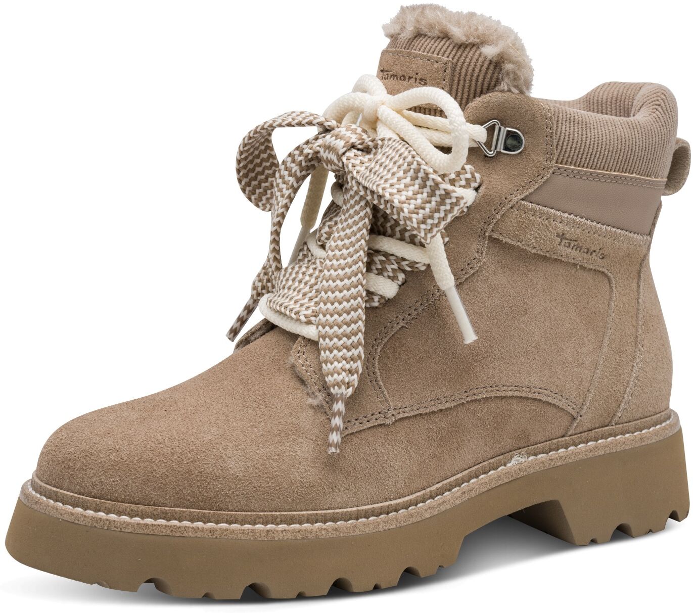 Winterboots TAMARIS, Damen, Gr. 39, Warmfutter, beige (taupe), Leder, Lederimitat, Textil, unifarben, Basic, Schuhe Winterboots, Blockabsatz, Winterstiefelette mit auffälligen Schnürsenkeln