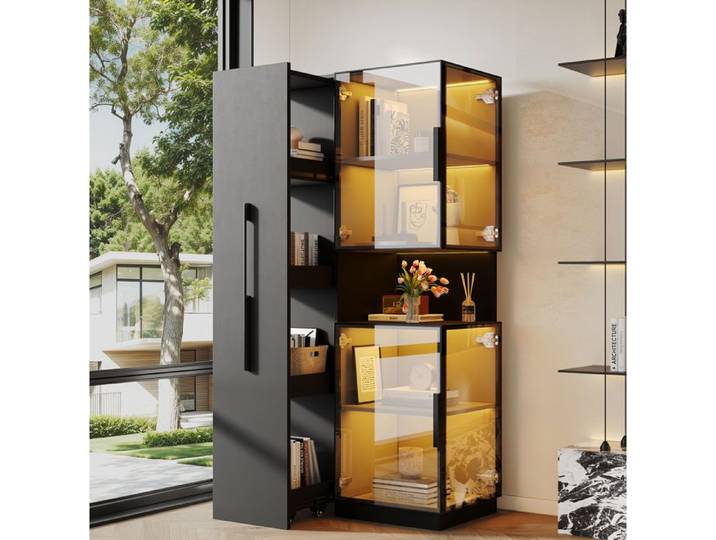 WUVRIE Vitrine haute LED 70 x 38 x 160 cm verre trempé étagères latérales coulissantes noir