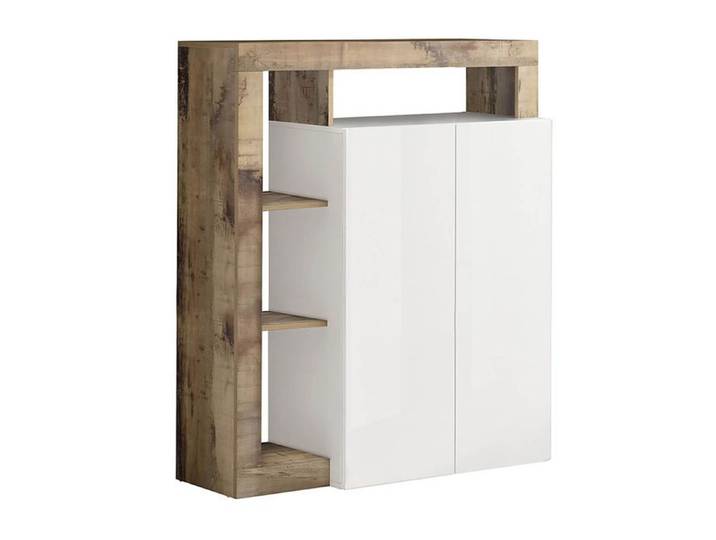 ARTURO - Meuble Bar 2 Portes Blanc Laqué Encadrement Niches Aspect Bois Antik