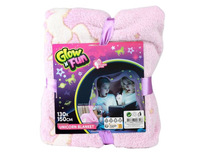 Glow N fun - Glow in the Dark Deken Eenhoorn 130x150cm