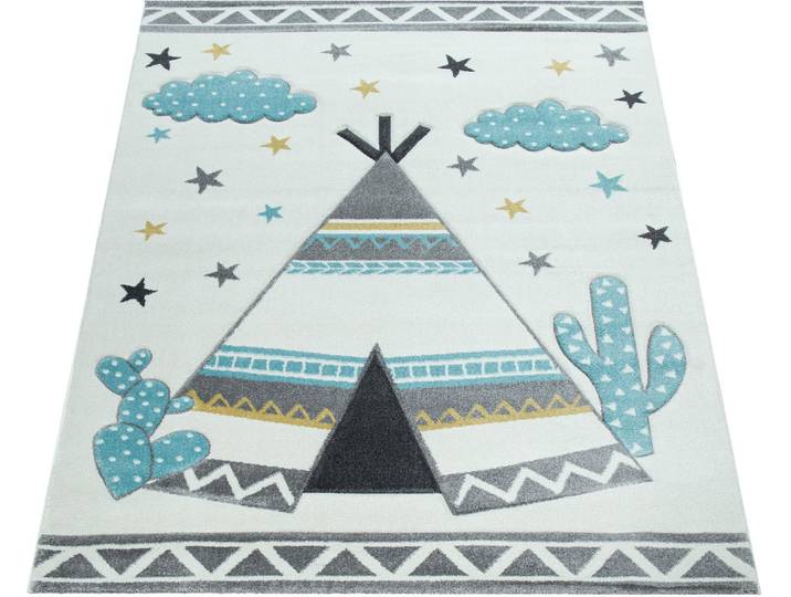 Kinderteppich PACO HOME Ela 215 , beige (creme), B:140cm H:16mm L:200cm, Polypropylen, Teppiche, Kinderteppich, Kurzflor, 3D-Design, Motiv Zelt, Wolken & Sterne, Kinderzimmer