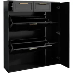 OKWISH Schuhschrank 95x24x107 Schwarz mit 2 Schubladen verstellbare Regale stabile Metallgriffe Anti-Kipp Vorrichtung Spanplatte MDF Eingangsbereich Flur