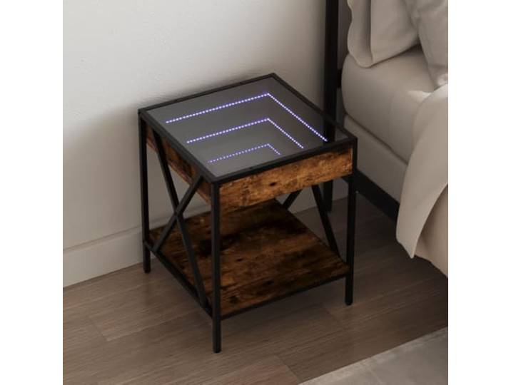 HEFZGDB Nachttisch mit Infinity-LED Beleuchtung Räuchereiche 40x40x49 cm Industriestil Metallgestell RGB Beleuchtung stabile Tischplatte USB Anschluss für Wohnzimmer Schlafzimmer