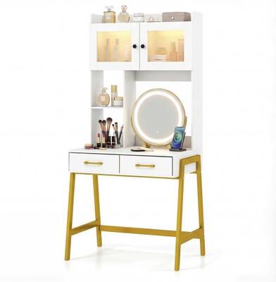 Costway Vanity Desk with Rotatable Mirror and Lights Modern Dressing Table with 3 Light Colors-White