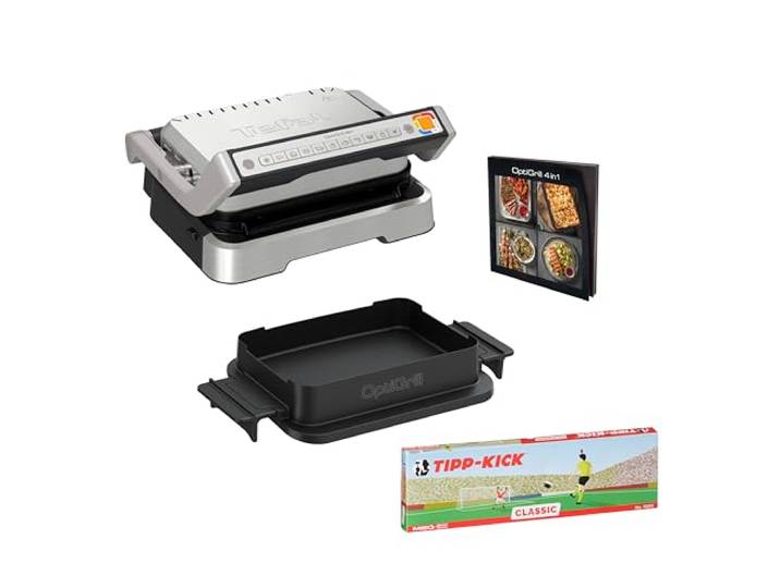 Tefal OptiGrill 4-in-1 Tipp-Kick Edition Kontaktgrill, Grillen/BBQ/Ofen/komplette Mahlzeit, 9 Automatik-Programme, inklusive Backschale und Tipp-Kick Spiel, Silber, GC774D.TK