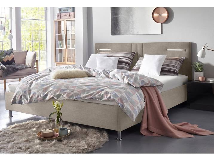 Polsterbett, Microfaser oder Strukturstoff, Dunkelbeige, 210×210 cm, Mit LED-Beleuchtung, Westfalia Schlafkomfort