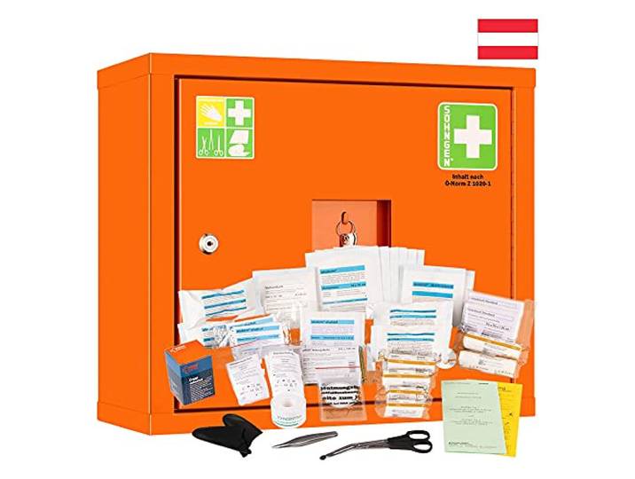 SÖHNGEN Söhngen Sanitätswandschrank JUNIORSAFE, orange, mit Füllung Ö-Norm Z 1020 Typ 1 aus Stahl, Art.-Nr. 0503019 + 0390901 Erste Hilfe Schrank Verbandsschrank Sanitätswandschrank