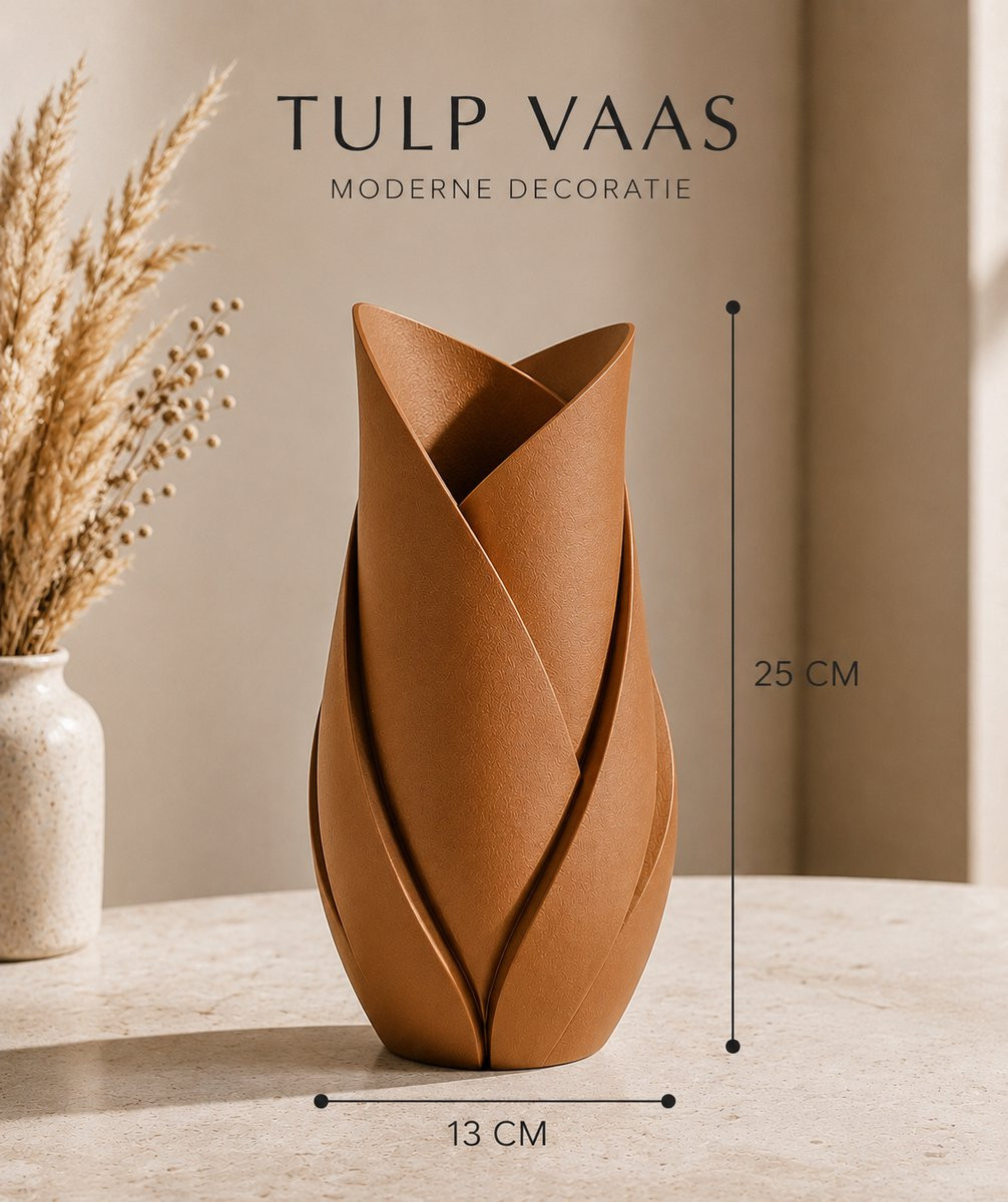 Tulp Vaas Karamel 25 cm - Moderne Decoratieve Vaas voor Droogbloemen en Kunstbloemen