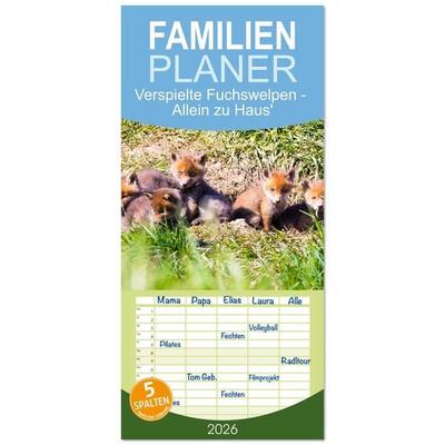 Familienplaner 2026 - Verspielte Fuchswelpen - Allein zu Haus' mit 5 Spalten (Wandkalender, 21 x 45 cm) CALVENDO