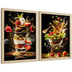 POSTER 2er Set Küchen-Wandbilder Erdbeer-Dessert und Salat Splash Fotografie Schwarzer Hintergrund Deko Rahmenlos A3