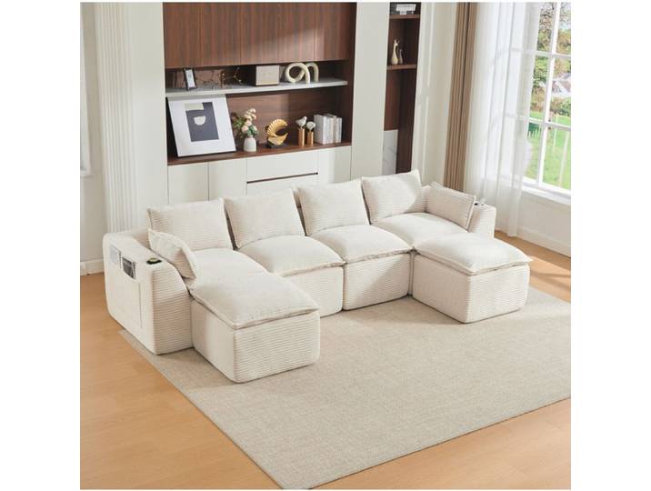 Canapé Modulaire 4 Places avec 2 Poufs et Porte-Gobelet - LPOSPI - Poches Latérales Velours Côtelé Beige
