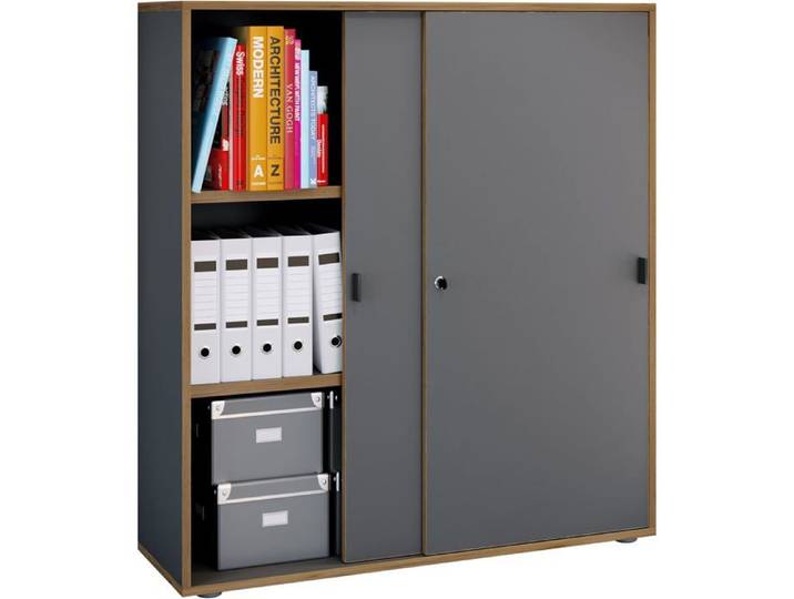 VCM Armoire de Bureau Salia 3 Compartiments Portes Coulissantes Anthracite 110 x 100 x 37 cm