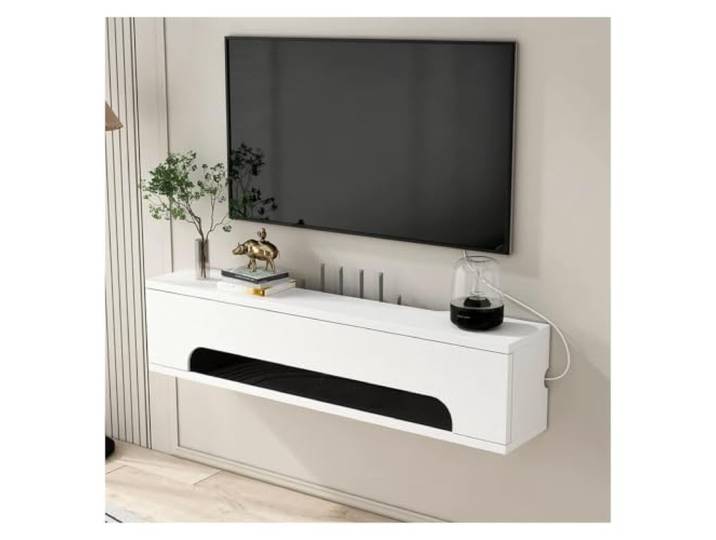 An der Wand montierter schwebender TV-Ständer. Schwimmende TV-Konsole Mit offenem Schlitz-Wand-Medienschrank for das Wohnzimmer