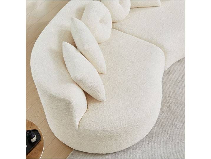 Canapé modulable 2 pièces 3 places en chenille beige forme courbée demi-lune dossier continu 6 coussins salon