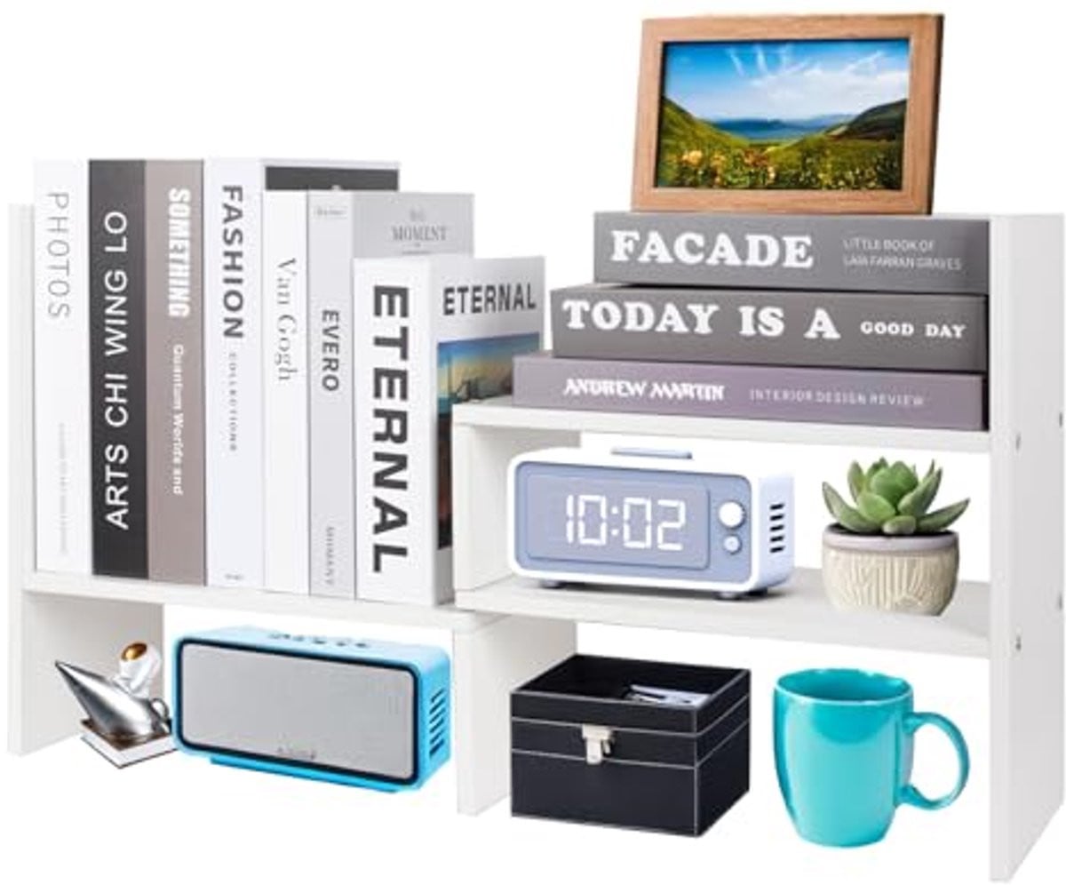 Verstelbare houten boekenplank voor bureau - Wit kantooropslag en display organizer