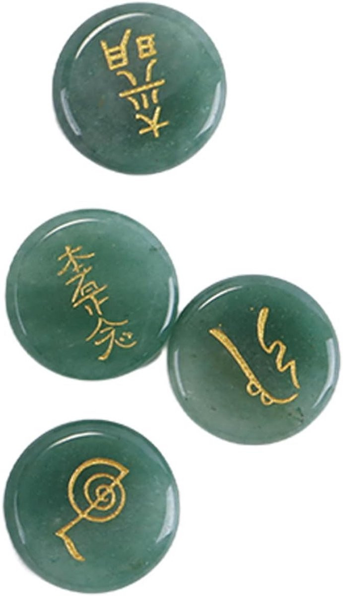 4 Stuks Groene Aventurijn Edelstenen gegraveerd met Reiki Symbolen