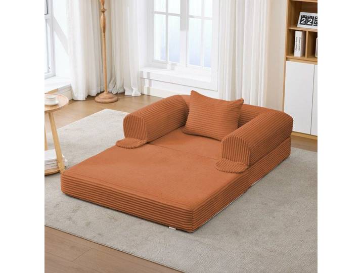 WOVREO Fauteuil convertible 1 place 2 en 1 velours cotele orange avec coussin lit d'appoint sans outil