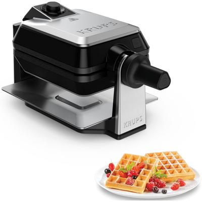 KRUPS Waffeleisen "Professional, für 2 dicke Waffeln, spülmaschinengeeignete Platten", schwarz (edelstahlfarben, schwarz), B:20cm H:22cm T:43cm, Waffeleisen, 7 Bräunungsstufen und Vorheizfunkion, drehbar, Auffangschale, FDD95D