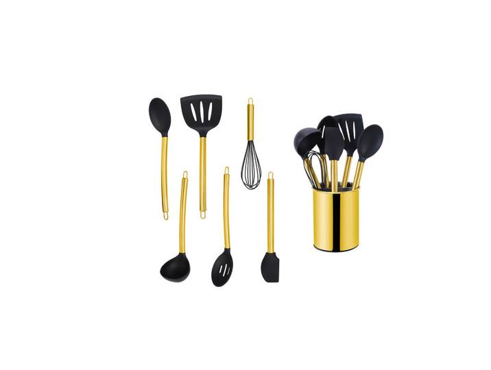 Echtwerk Küchenhelferset, Schwarz, Goldfarben, Kunststoff, 7-teilig, Aufhängeöse, hitzebeständig, einfache Handhabung, Küchenzubehör, Küchenhelfer, Küchenhelfer-Set