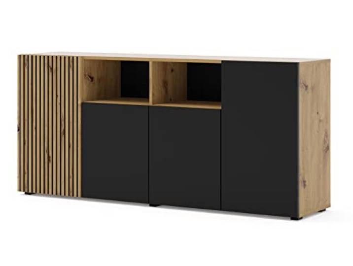 BIM Furniture Kommode AURIS – Sideboard 42x180x82 cm mit 4 Türen, Wohnzimmer Kommode mit viel Stauraum, Eichenholz Optik, für Flur, Büro & Esszimmer, Schwarz/Artisan Eiche