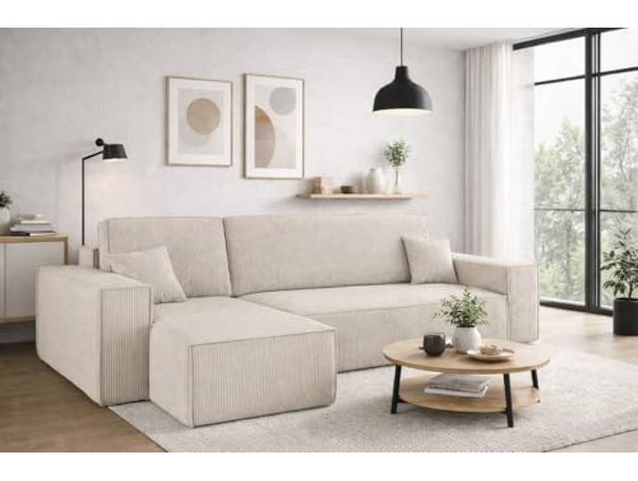 Kaiser Möbel, Ecksofa mit schlaffunktion, mit Bettkasten, Schlafsofa Best, Designer Sofa, Modern Design Couch, Polsterecke, Freistehend, Dicker Cord, Beige Links