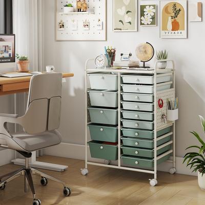 Lirago 15-Drawer Rolling Storage Cart with Metal Tabletop and Pegboard