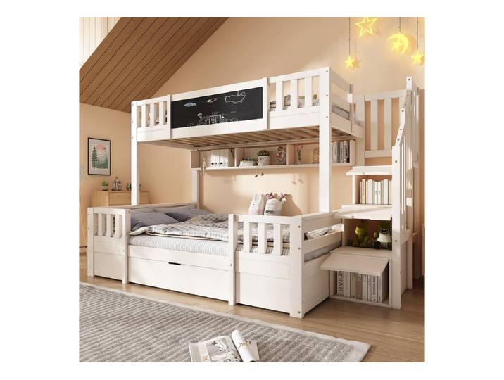 MODFU Hochbett Kinder-Etagenbett mit integriertem Stauraum-System (Etagenbett,Hochbett, Kinderbett, 1-St., Maße 90x200 & 140x200 cm, ohne Matratze – vielseitig) Mit Kreidetafel, Treppenschrank & Schubladen, in Weiß