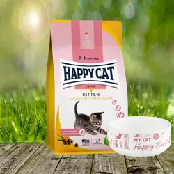 Happy Cat Young Kitten Land-Geflügel - Leicht verdauliches Kittenfutter ab der 5. Woche + Futternapf
