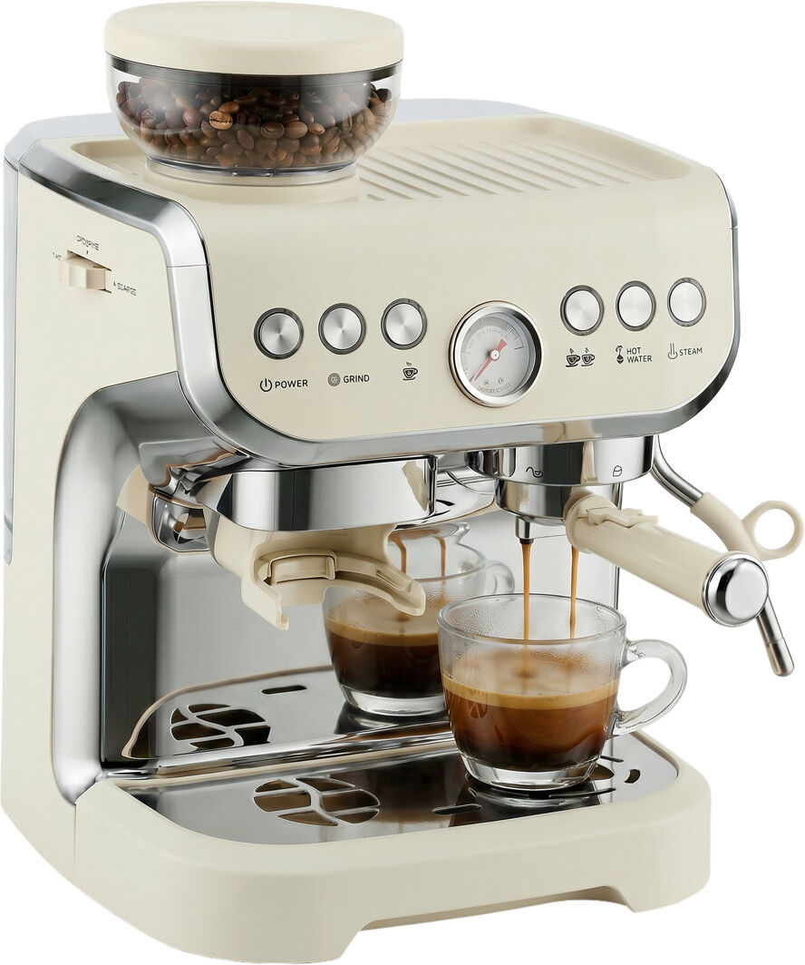 HOMCOM Coffee Espresso Machine, Bean Grinder & Steam Wand, 15 Bar Pressure, Cream White Cream, Stainless Steel 0.04L